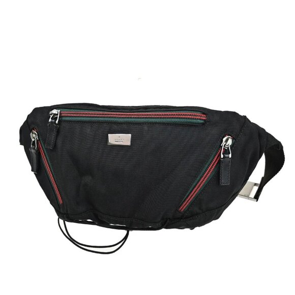 GUCCI Logo Sherry Bum Body Shoulder Bag Nylon Leather Black SHW Italy - Picture 1 of 13